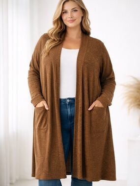 Lisa Rinna Long Minimalist Layering Open-Front Cardigan in Chestnut Brown